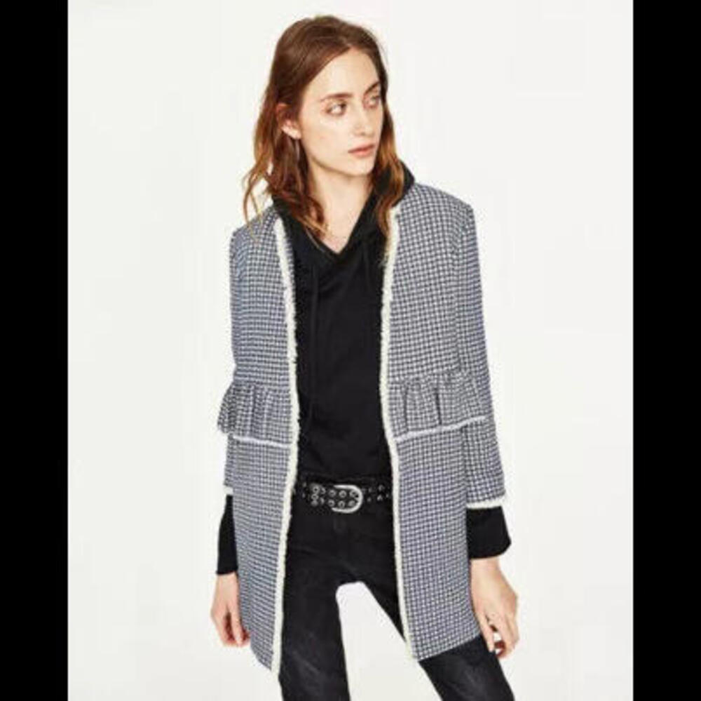 ZARA GINGHAM CHECK COAT WITH FRILL RUFFLE BLUE & WHITE Size L NWT
